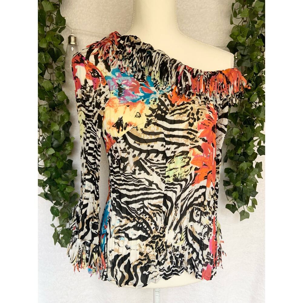 Agora Y2K Funky Fringe Zebra Floral Print Colorful Long Sleeve Blouse Top